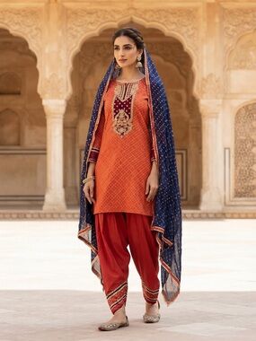 Pakistani Traditional Orange & Red Women's FarshiSalwar Kameez with Navy Dupatta